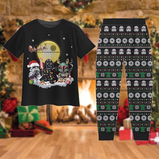 Christmas Star Wars Pajamas Set, Galaxy Wars Tshirt Pants Set, Disneyland Character Xmas Pj Set, Stormtrooper Santa Hat Pj Set Pants
