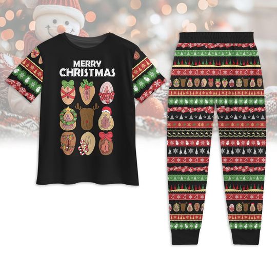 Discover Merry Clitmas 3D Tshirt And Pants Pajamas, Funny Dirty Holiday Pajamas Set, Naughty Xmas Pjs For Women, Secret Santa Matching Pajamas
