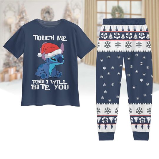 Discover Christmas Stitch Pajamas, Touch Me And I Will Bite You Stitch Shirt Pants Set, Stitch Santa Clause Pj Set Pants, Disney Christmas Match