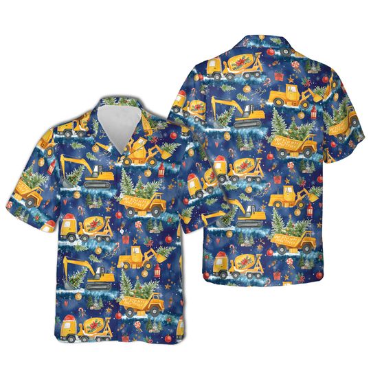 Discover Truck Christmas Hawaiian Shirt, Construction and Tree Print, Fun Holiday Aloha Top for Family Parties and Vacations, Parties