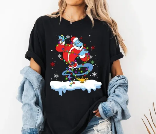 Discover Aladdin Genie Santa Claus Christmas Lights Merry And Bright Tshirt Men Women