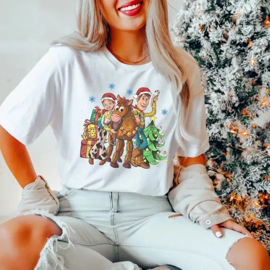 Discover Toy Story Jessie Woody Bullseye Christmas Lights Merry & Bright Tshirt Men Women