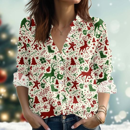 Discover Christmas Reindeer Blouse Shirt, Candy Merry Women Shirt, Gingerbread Linen-Look Shirt, Button Up Shirt For Holiday, Xmas Gift For Her