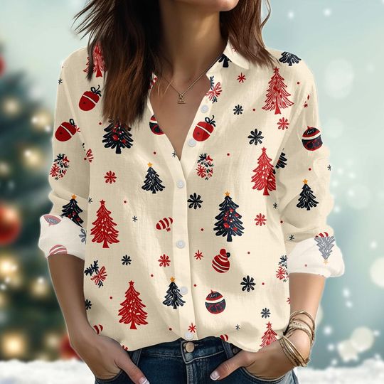 Discover Retro Christmas Tree Blouse Shirt, Merry Xmas Women Shirt, Elegant Xmas Linen-Look Shirt, Holiday Button Shirt, Christmas 2025 Gifts