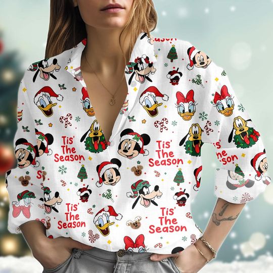 Discover Christmas Mickey Mouse Blouse Shirt, Disney Xmas Women Shirt, Mickey Minnie Friends Linen-Look Shirt, Disneyland Button Shirt,Xmas Gift