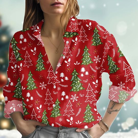 Discover Christmas Tree Blouse Shirt, Merry Xmas Snowflake Women Shirt, Pine Tree Xmas Linen-Look Shirt, Xmas Button Down Shirt For Holiday