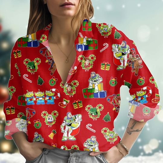 Discover Christmas Toy Story Blouse Shirt, Disney Xmas Linen-Look Shirt, Disney Vacation, Cartoon Casual Shirt, Disneyland Family Xmas Gifts
