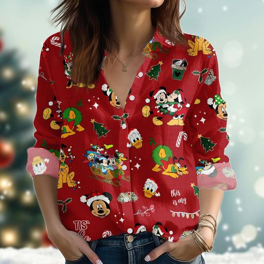 Discover Christmas Mickey And Friends Blouse Shirt, Mickey Linen-Look Shirt, Disney Xmas Women Shirt, Disney Vacation, Cartoon Shirt, Xmas Gifts
