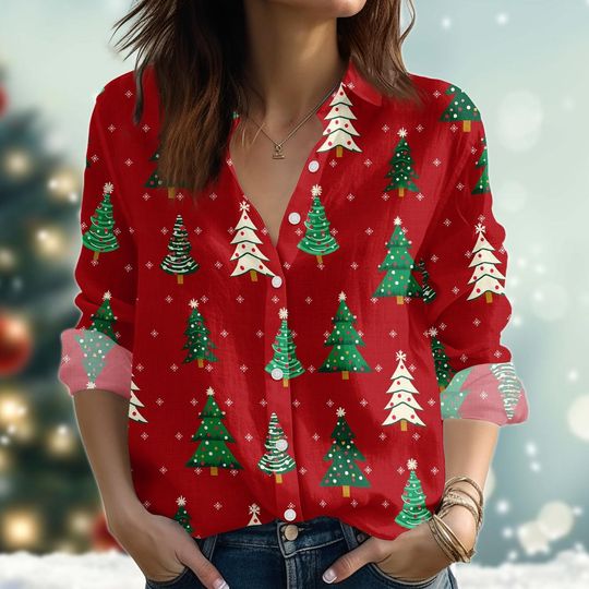 Discover Christmas Pine Tree Light Blouse Shirt, Merry Xmas Women Shirt, Christmas Tree Linen-Look Shirt, Festive Winter Button Down Shirt