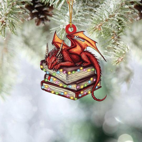 Discover Personalized Book Dragon Ornament, Book Dragon Christmas Ornament, Dragon Book Ornament Gift, Bookworm Gift, Librarian Ornament