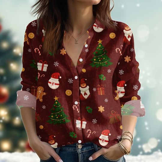 Discover Christmas Snowman Blouse Shirt, Merry Xmas Women Shirt, Winter Party Linen-Look Shirt, Holiday Button Down Shirt, Cute Christmas Ideas