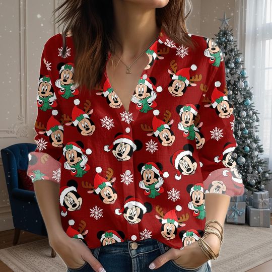 Discover Christmas Disney Mickey Mouse Blouse Shirt, Disney Mouse Women Shirt, Mickey And Minnie Head Casual Shirt, Xmas Gift