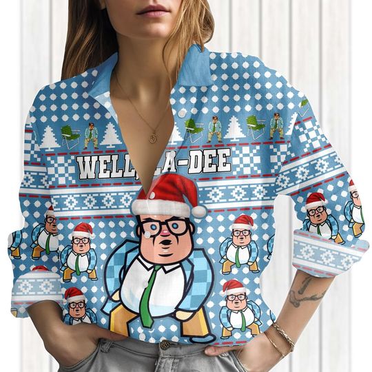 Matt Foley Christmas Linen-Look Shirt, Saturday Night Live Women Shirt, 90s TV Show Blouse Shirt, Funny Santa Casual Shirt, Xmas Gifts