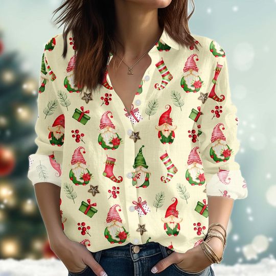 Discover Gnome Christmas Blouse Shirt, Merry Xmas Women Shirt, Cute Socks Xmas Linen-Look Shirt, Button Down Shirt For Holiday Season, Xmas Gift