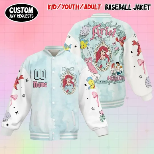 Custom The Little Mermaid Ariell Princess Coquette Bow Mirror Baseball Jacket