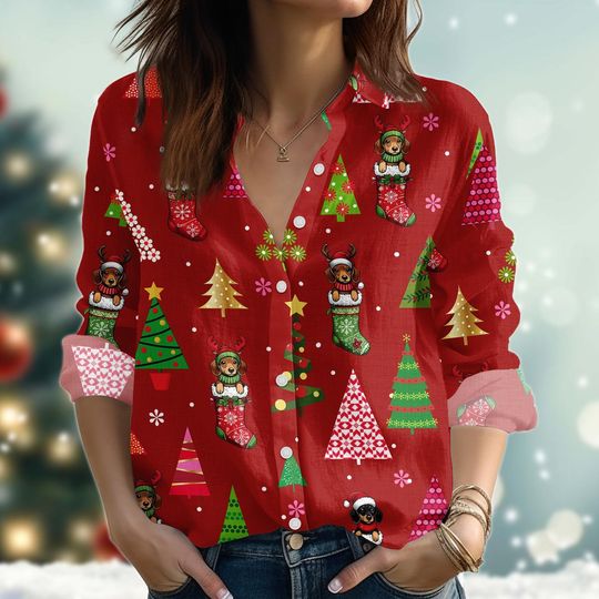 Discover Christmas Dachshund Blouse Shirt, Merry Xmas Women Shirt, Santa Dog Linen-Look Shirt, Animals Holiday Button Down Shirt For Pet Lovers