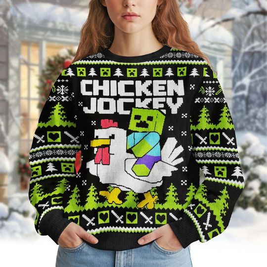 Discover Minecraft Chicken Jockey Ugly Christmas Sweater, Funny Gamer Holiday Sweatshirt, Funny Xmas Knit Sweater, Christmas Gift for Kids Adult