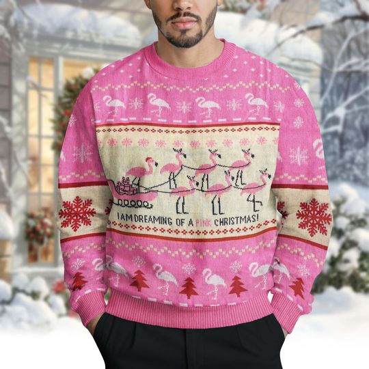 Pink Flamingo Christmas Ugly Sweater, Funny Animal Tropical Sweater, Im Dreaming of a Pink Xmas Sweatshirt, Xmas Gift for Men Women