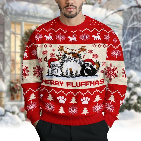 Discover Funny Cat Ugly Christmas Sweater, Merry Fluffmas Xmas Jumper, Cute Pet Lover Holiday Sweater, Funny Xmas Holiday Gift