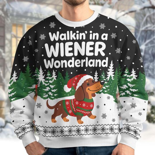 Dachshund Ugly Christmas Sweater, Funny Dog Lover Holiday Sweatshirt, Xmas Gift for Men Women, Dachshund Santa Hat Shirt