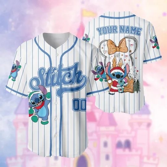 Discover Personalized Cute Stitch Minnie Ears Castle Christmas Gift Baseball Jersey Shirt