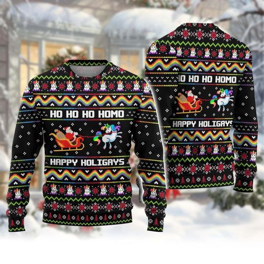 Happy Holigays Christmas Ugly Sweater, Santa Riding Unicorn Sweater, Support Lgbt Shirt, Santa's Favorite Gay Sweatshirt, Pride Xmas Gi