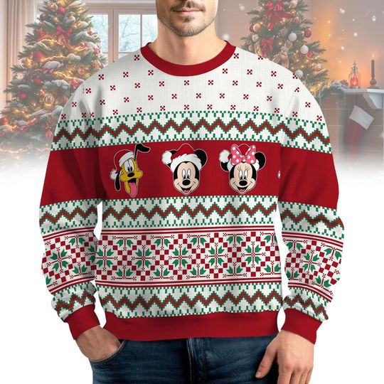 Discover Mickey Minnie Pluto Christmas Ugly Sweater, Disney Cartoon Santa Hat Sweater, Movie Christmas Party Sweatshirt, Xmas Gift For Men Women