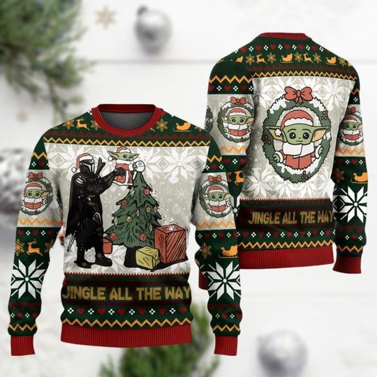 Discover Mandalorian Ugly Christmas Sweater, Jingle All The Way Sweater, Disney Star Wars Shirt, Mandalorian Baby Yoda Santa Hat Sweatshirt