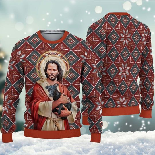 Discover Jesus Keanu Reeves With Dog Ugly Christmas Sweater, Jesus Keanu Reeves Ugly Sweater, Ugly Christmas Sweater, Merry Christmas.