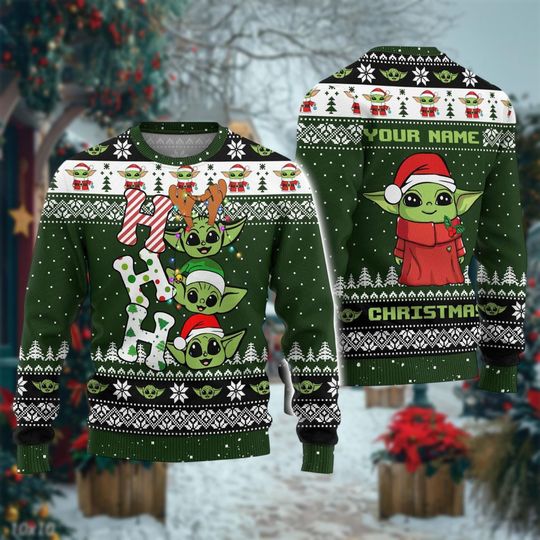 Discover Christmas Baby Yoda Ugly Sweater, Star Wars Ugly Sweater Shirt, Disney Movie Christmas Sweatshirt, Yoda Santa Hat Hohoho Sweater For Ki