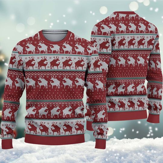 Discover Red Reindeer Custom Pullover Christmas Ugly Sweater, Funny Reindeer Ugly Christmas Sweater, Meme Reindeer Ugly Sweater.