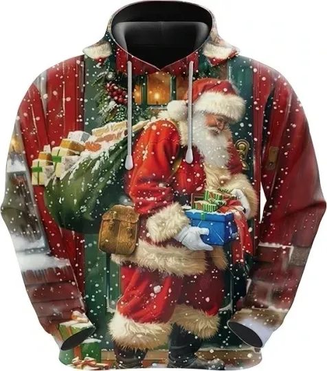 Discover 3D Santa Claus Christmas Hoodie Snow Scene Xmas Winter Pullover Gift Hoodie