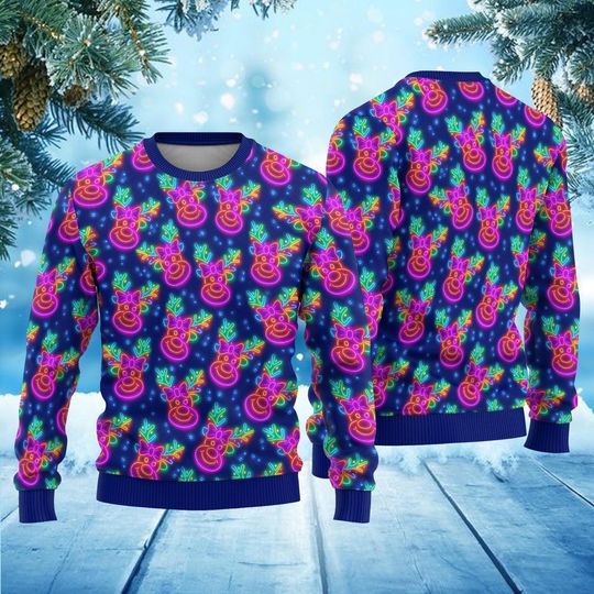 Discover Reindeer Ugly Christmas Sweater, Neon Holiday Sweater, Festive Xmas Gift For Men Women