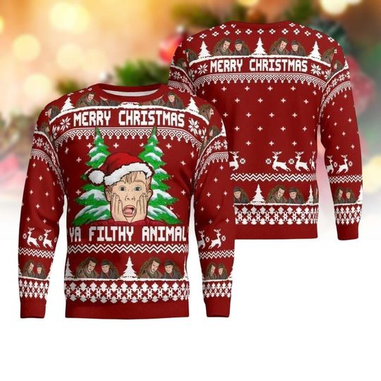 Discover Home Alone Ugly Christmas Sweater, Ya Filthy Animal Santa Sweater, Kevin Santa Hat Xmas Holiday Shirt, Gift For Men And Women