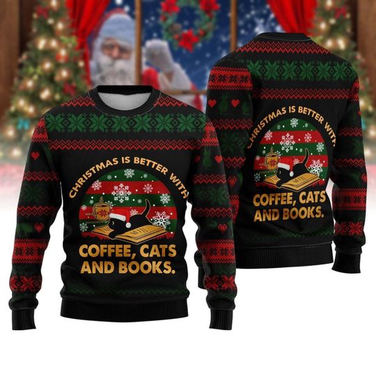 Discover Christmas Cat Reading Book Ugly Sweater, Coffee, Cats And Books Christmas Shirt, Black Cat Santa Hat Reading Sweatshirt, Book Lover Gif