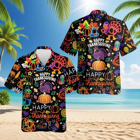Discover Neon Thanksgiving Hawaiian Aloha Shirt, Funny Turkeys Thanksgiving Shirt, Tropical Holiday Shirt, Unisex Beach Outfit