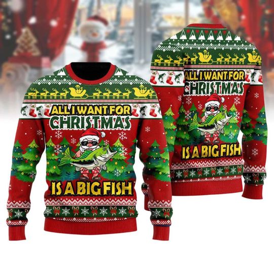 Discover Christmas Is A Big Fish Ugly Sweater, Merry Fishmas Men Shirt, Santa Riding Fish Sweatshirt, Fishing Lover Gift, Holiday Season Sweater