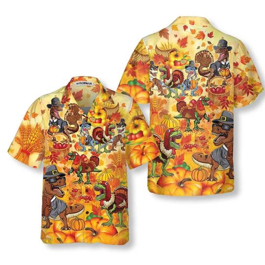 Discover Happy Thanksgiving Dinosaurs T-Rex Hawaiian Shirt, Funny Turkey Aloha Shirt, Fall Holiday Shirt, Unisex Tropical Outfit