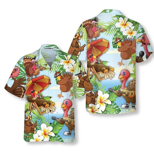 Discover Happy Thanksgiving Turkeys At The Beach Hawaiian Shirt, Funny Holiday Aloha Shirt, Tropical Fall Shirt, Unisex Autumn Outfit