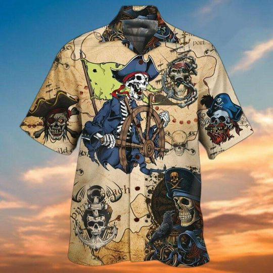 Discover Pirate Captain Skull Hawaiian Shirt, 3D Graphic Aloha Shirt, Gothic Beach Outfit, Summer Casual Shirt for Men Women