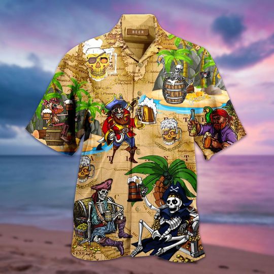 Discover Aloha Skull Pirates Drinking Beer Hawaiian Shirt, Tropical Party Shirt, Pirate Costume Outfit, Summer Beach Shirt Unisex