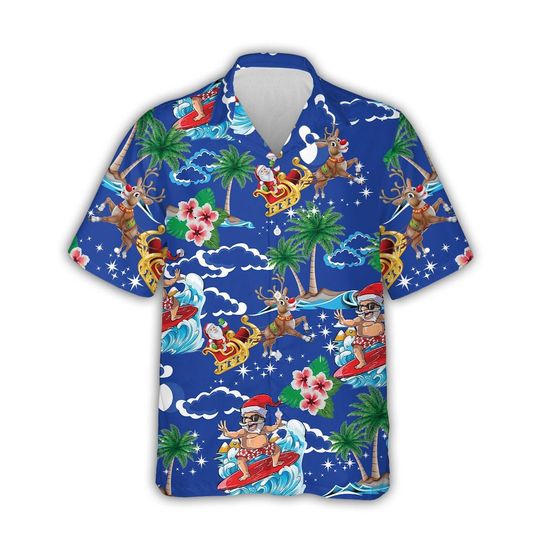 Discover Surfing Santa Tropical Christmas Hawaiian Shirt, Funny Holiday Aloha Shirt, Festive Xmas Beach Outfit, Unisex Summer Shirt
