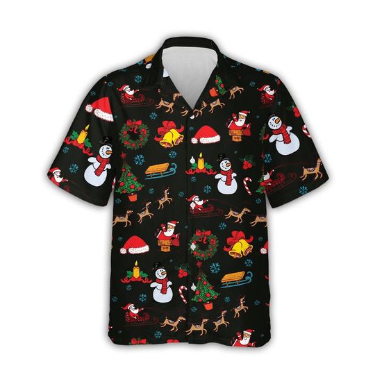 Discover Festive Snowman and Santa Christmas Hawaiian Shirt, Funny Holiday Aloha Shirt, Tropical Xmas Shirt, Unisex Summer Beach Outfit