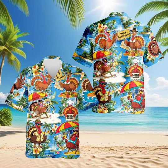 Discover Turkey Happy Thanksgiving Unisex Hawaiian Shirt, Funny Holiday Aloha Shirt, Tropical Fall Shirt, Full Sizes S-5XL