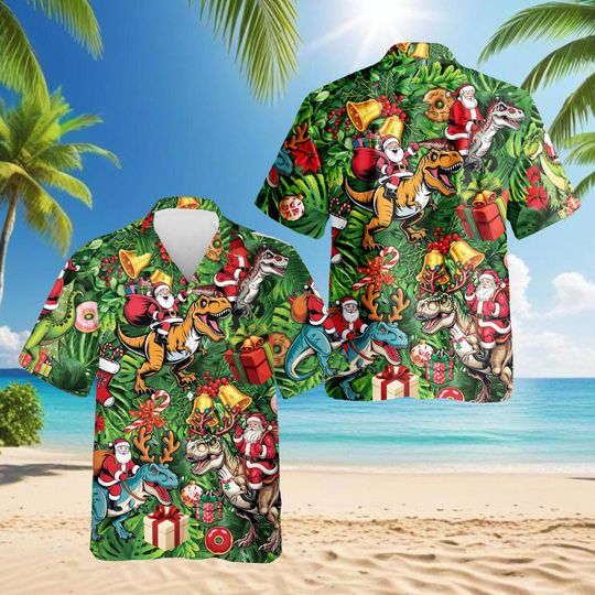 Discover Santa Riding T-Rex Dinosaur Pirate Xmas Hawaiian Shirt, Funny Holiday Aloha Shirt, Tropical Christmas Shirt, Unisex Short Sleeve