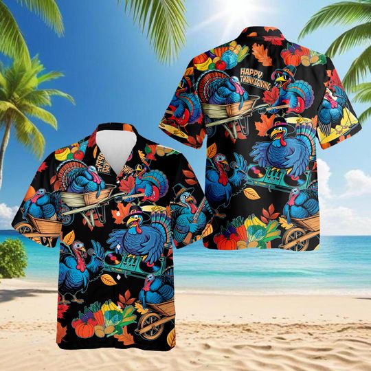 Discover Happy Turkey Day Thanksgiving Hawaiian Shirt, Funny Holiday Aloha Shirt, Tropical Fall Shirt, Unisex Beach Outfit