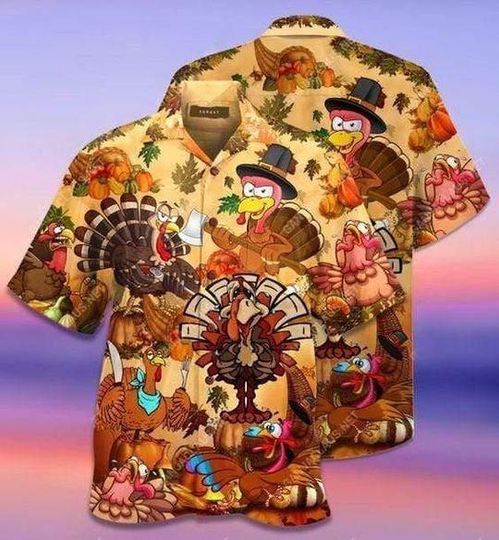Discover Happy Turkey Day Thanksgiving Hawaiian Shirt, Funny Holiday Aloha Shirt, Tropical Fall Shirt, Unisex Beach Outfit