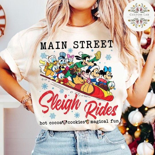 Discover Mickey & Friends Main Street Sleigh Rides Disney Christmas Shirt, Mickey's Very Merry Christmas Party, Holiday Family Christmas Shirt