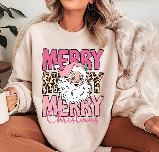 Discover Leopard Pink Merry Christmas Santa Retro Sweatshirts, Christmas Matching Family Sweaters