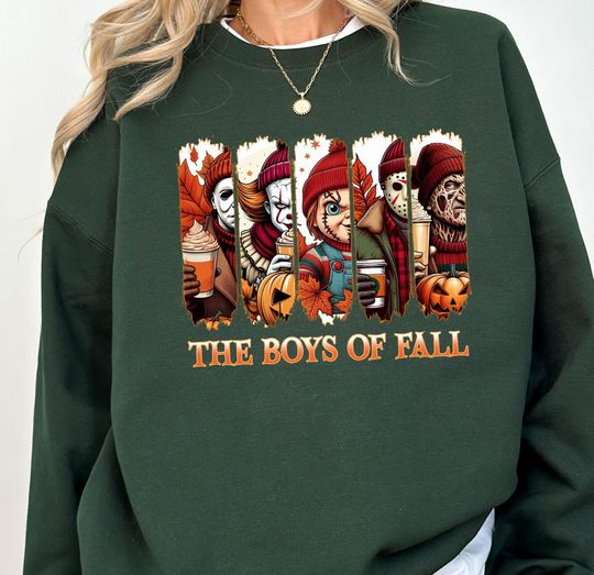Discover Boys of Fall Halloween Graphic Tee: Horror Movie Characters, Spooky Season Sweaters